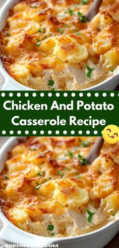 chicken and potato casserole recipe with text overlay