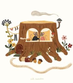 a drawing of two people in a tree house on the side of a hill with flowers