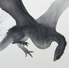 a drawing of a dragon flying in the air with its wings spread out and it's eyes open