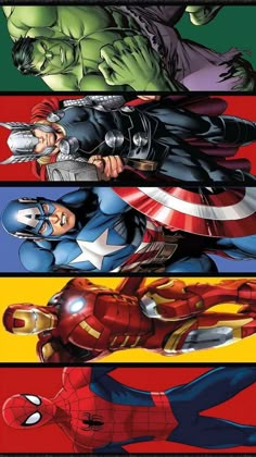 the avengers and captain america characters are lined up in different colors, from black to red