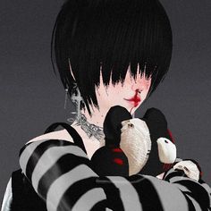 a woman in black and white striped dress holding two stuffed animals with blood on her face