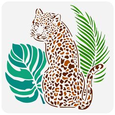 a leopard sitting next to a palm leaf