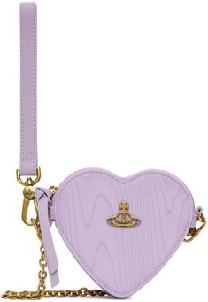 Viscose moiré pouch in purple. · Buffed leather trim throughout · Detachable chain link crossbody strap · Detachable wristlet strap · Logo hardware at face · Zip closure · Four card slots at interior · Faille lining · Logo-engraved antiqued gold-tone hardware · H4 x W5 x D1 Supplier color: Lilac Alt Wardrobe, Vivienne Westwood Clutch, Fancy Purses, Vivienne Westwood Bags, Dope Jewelry Accessories, Heart Shaped Bag, Wristlet Pouch, Purple Purse, Fancy Bags