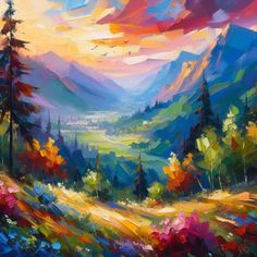 an oil painting of mountains and trees with colorful colors in the sky, on canvas