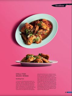 a plate with some food on it next to a pink wall and the words chilli fish sauce wings