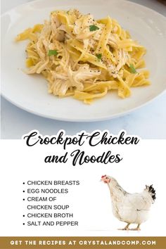 chicken and noodles on a white plate with the words crockpot chicken and noodles