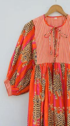 Indian Orange Tiger Printed Midi Dress, Long Dress, Deep Neck Women's Clothing Colourful Boho Dress, Women's Patterned Dress, Autumn Midi Dresses, Tiger Midi Dress, Funky Winter Dresses, Autumn Boho Dress, Bold Patterned Dress, Long Midi Dress Indian, Handmade Dress For Women