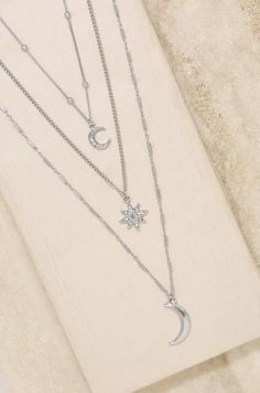 Night Sky Necklace Set on slate background  2 Sky Necklace, Dainty Necklaces, Crystal Moon, Trendy Girl, Crystal Stars, Moon Necklace, Dainty Necklace, Star Necklace, Stars And Moon