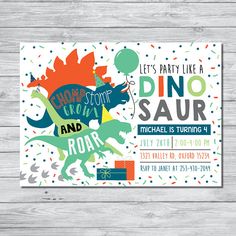 a dinosaur birthday party card with confetti and sprinkles on it