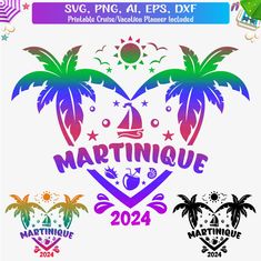 the mardi gras logo with two palm trees and a boat on it, in different colors