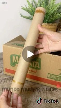 a person is holding a roll of paper in front of a box with a plant