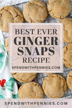 the best ever ginger snaps recipe on a cooling rack with text overlay that reads, best ever ginger snaps recipe