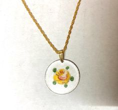 This is for a Cute, hand painted enamel Yellow Rose necklace. Each color of enamel is painted on and fired in a kiln, adding a new color each time. Since each piece is done by hand, no two pieces are exactly alike. the round steel disc is 1" diameter 18" Gold plate rope chain Rose Necklace, Yellow Roses, Yellow Rose, Rope Chain, Pendant Necklaces, New Color, Jewelry Necklace Pendant, Gold Plate, Jewelry Necklaces