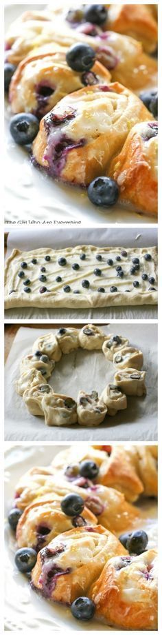 blueberry danish pastries are ready to be baked in the oven, and then topped with fresh blueberries