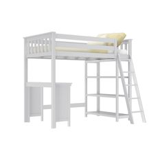 a white bunk bed with a desk underneath it and a ladder to the bottom level