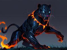 a black panther with orange and blue flames on it's body, running in the grass