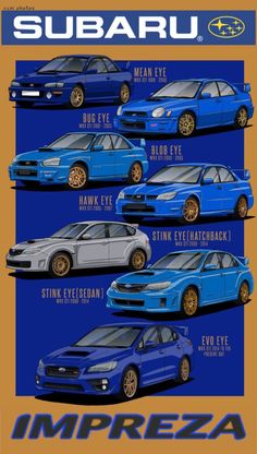 the subaru lineup is shown in blue and gold