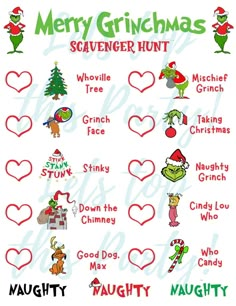 merry grinmas scavenger hunt is shown in red, green and white colors