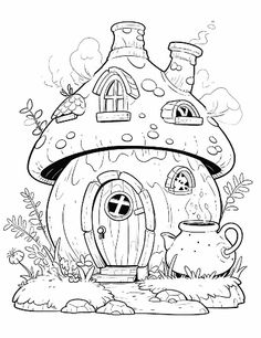 a mushroom house with a pot and teapot in the yard coloring page for kids