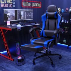 a gaming chair sitting in front of a computer desk