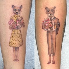 two tattoos on the legs of people, one with a fox and another with a woman