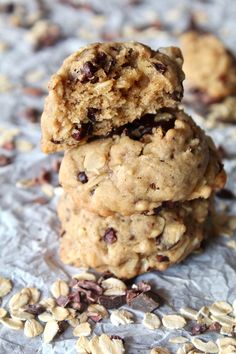 three oatmeal cookies stacked on top of each other