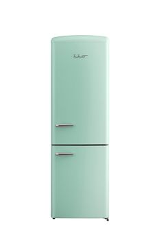 a mint green refrigerator freezer sitting on top of a white wall next to a window