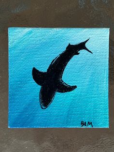 a painting of a shark swimming in the ocean with blue sky and water behind it