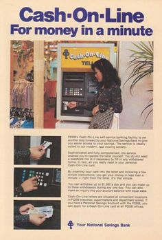 an advertisement for cash on line for money in a minute, with images of people using atm machines