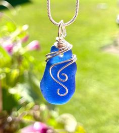 Women's Wire Wrapped Cobalt Blue Beach Sea Glass Pendant Necklace 18" Silver Artisan Jewelry Necklaces, Sea Glass Beach, Beachglass Jewelry, Sea Glass Pendant, Handcrafted Artisan Jewelry, Blue Beach, Handbag Charms, Glass Pendant Necklace, Beach Glass