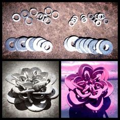 four different types of metal parts are shown in three pictures, one is pink and the other is silver