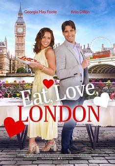 a man and woman standing next to each other in front of a poster for eat love london