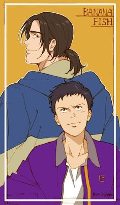 two anime characters one is wearing a blue shirt and the other has a purple jacket