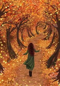 a painting of a girl walking down a path in an autumn forest filled with leaves