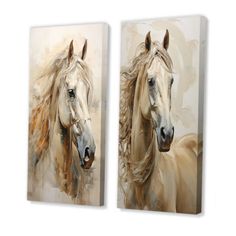 two paintings of horses with long manes are shown on a white background, one is brown and the other is beige