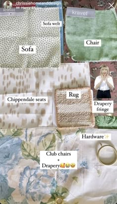 an assortment of different types of fabrics and fabric swatches on a bed sheet with the names of them