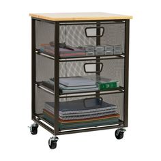 a metal cart with three shelves and two file drawers on each side, holding files