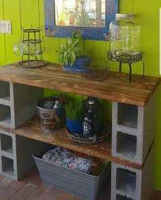 a shelf with some plants on it in front of a green wall and blue mirror