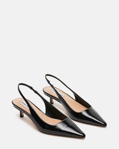 KARI Black Patent Slingback Point Toe Kitten Heel | Women's Heels – Steve Madden Slingback Heels Outfit, Nyfw Backstage, Pointed Kitten Heels, Kitten Heels Outfit, Black Slingback Heels, 2024 Wishlist, Dr Shoes, Work Shoes Women