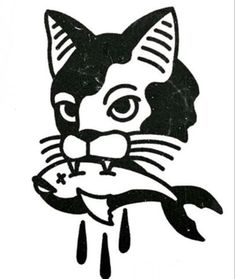 a black and white drawing of a cat's face with drops of water coming out of its mouth