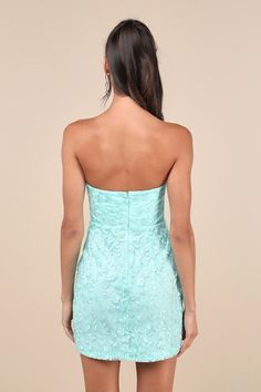 Look seriously remarkable every time you slip into the Lulus Exquisite Sensation Teal Floral Embroidered Strapless Mini Dress! Teal floral embroidery adorns a sheer mesh overlay (atop a matching knit liner) that shapes this sultry lil' dress that features a flirty sweetheart neckline and a strapless bodice with supportive boning and hidden no-slip strips. The high, fitted waist tops a mini bodycon skirt that'll perfectly flatter your figure all night long. Hidden back zipper/clasp. Fit: This garment runs small - please size up. Length: Mid-thigh. Bust: Works best for A to C cup sizes - consider sizing up for fuller bust. Waist: Fitted - very fitted at natural waist. Hip: Fitted - stretchy fabric allows room for hips. Undergarments: May be worn with a strapless bra, adhesive bra, petals, or Spring Graduation Dress, Mini Homecoming Dress, Bodycon Dress Homecoming, Bm Dresses, Mini Homecoming Dresses, Hoco Dress, Dress Wedding Guest, Evening Dresses Cocktail, Bodycon Skirt