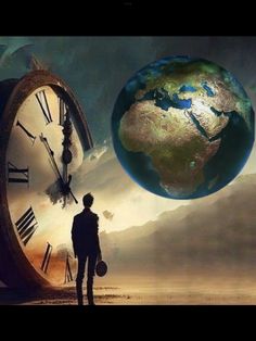 a man standing in front of a clock with the earth on it's face