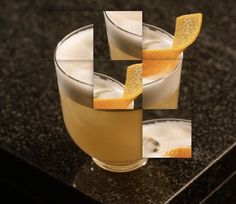 two glasses filled with drinks sitting on top of a counter next to an orange slice