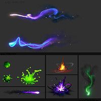 various images of different shapes and colors in the night sky, including fire, water, and ice