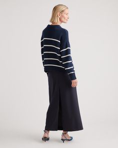 Classic meets contemporary with our 100% Organic Cotton Striped Crew Sweater. Crafted with care in super-soft organic cotton, this elevated wardrobe essential offers a perfect blend of modern style and timeless design. With a slouchy fit and subtle yet striking stripes, it's a must-have for your sweater collection.  | Quince | Women's Striped Crew Sweater in Navy/White, Size XS, Organic Cotton Navy Blue Striped Sweater Outfit, Blue Striped Sweater Outfit, Striped Sweater Outfit, Elevated Wardrobe, Leather Jacket With Hood, Sweater Collection, Striped Sweater, White Sweaters, Quince