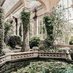 the inside of a building with many windows and plants growing on the walls, in front of a pond