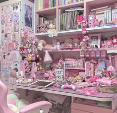 a room filled with lots of stuffed animals and toys on top of pink shelves next to a sink