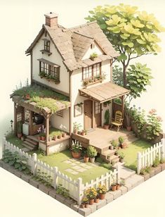 a small house with a white picket fence