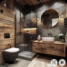 a bathroom with a sink, toilet and shower in the middle of wood paneled walls