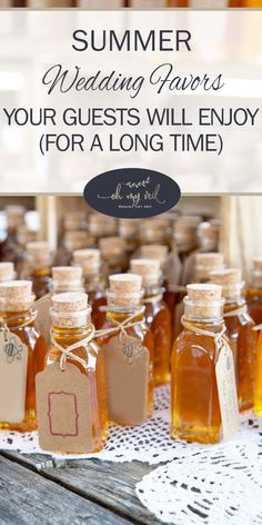 honey jars with labels on them and the words summer wedding favors your guests will enjoy for a long time